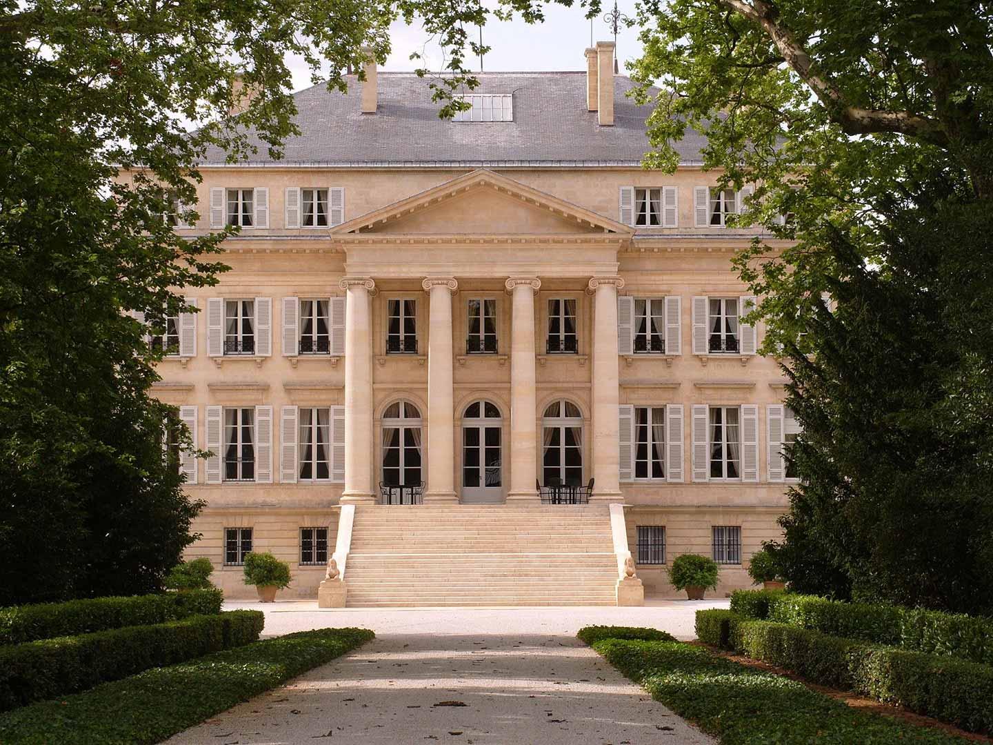 Front view of Chateau Margaux on a wine tour in Bordeaux