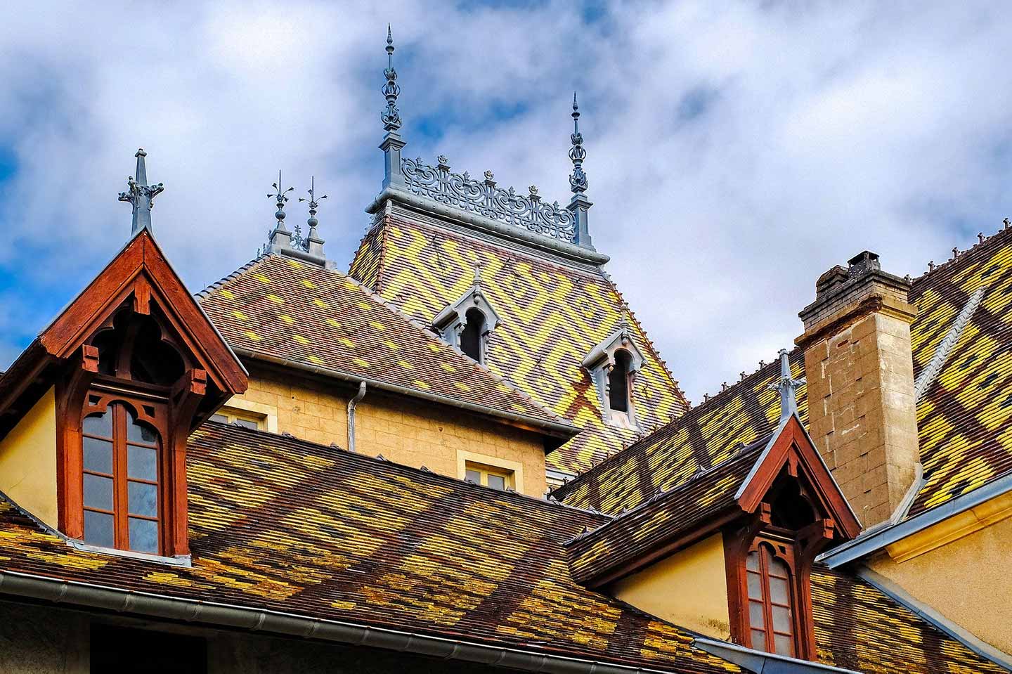 colorful tiled roofs on architecture tour in Aloxe Corton