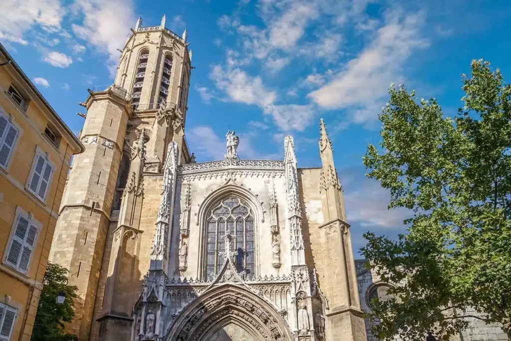 View of Cathedrale Saint Sauveur d'Aix facade from the outside