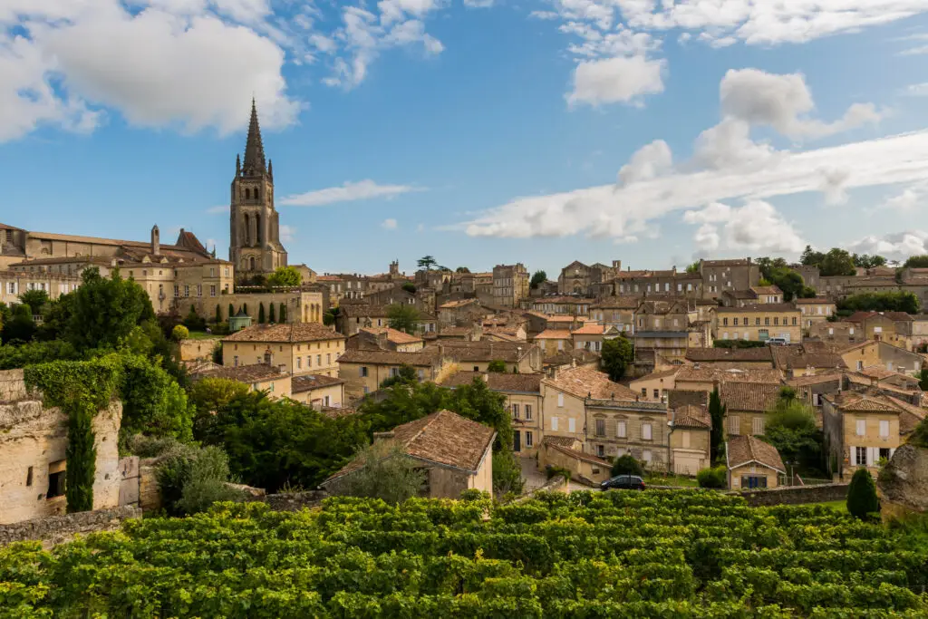 Panoramic view of Saint-Emilion, famous wine district in France, showcasing historic architecture and lush vineyards under a clear blue sky