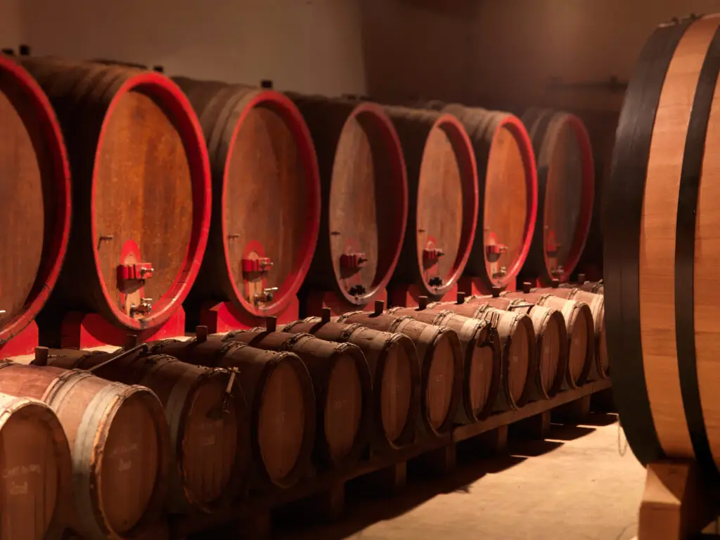 Row of aged wooden wine barrels in a dimly lit cellar at Cave de Châteauneuf-du-Pape Clos des Papes, a famous winery in France, highlighting the traditional wine aging process.