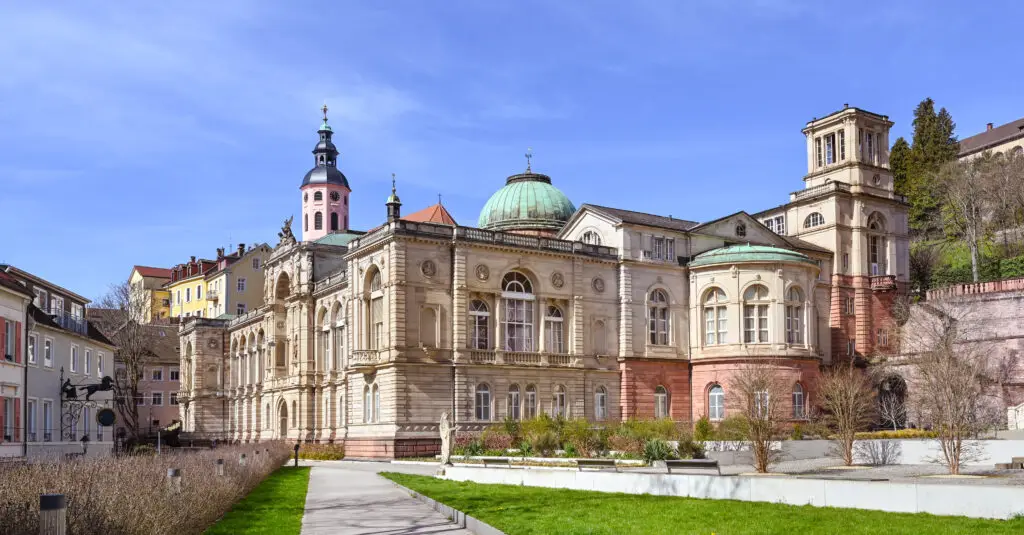 Panoramic view of the historic Friedrichsbad and the collegiate church in the spa district of Baden-Baden, Baden-Wuerttemberg, Germany
