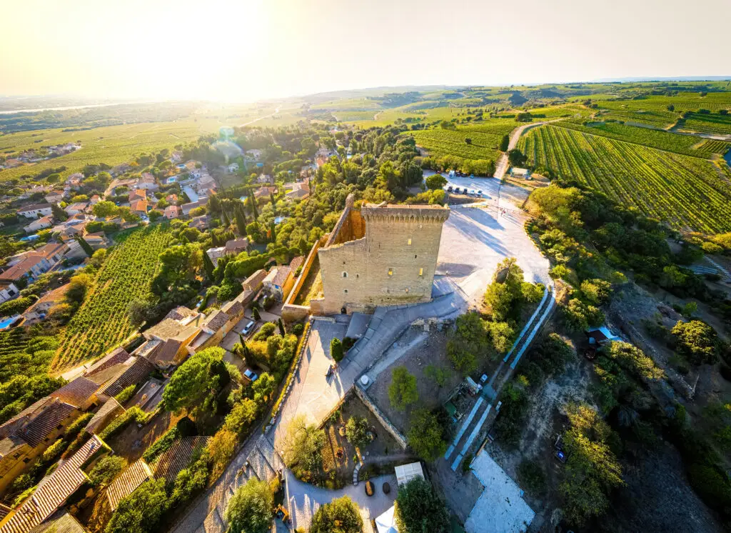 Aerial view of Châteauneuf-du-Pape showing the historic fortress and sprawling vineyards in the Provence-Alpes-Côte d'Azur region of Southeastern France.