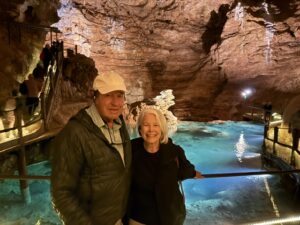 tourists inside the Gouffre de Padirac cave in Southwest France.