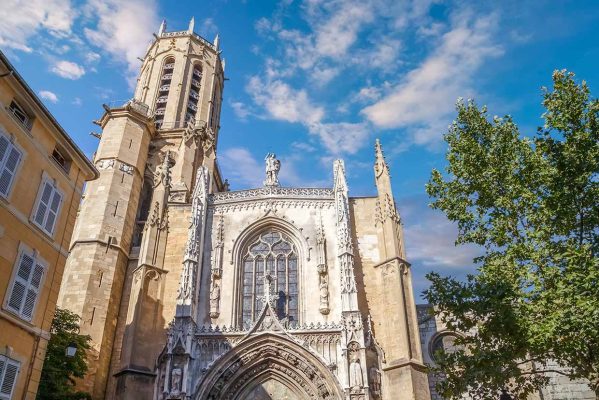 View of Cathedrale Saint Sauveur d'Aix facade from the outside